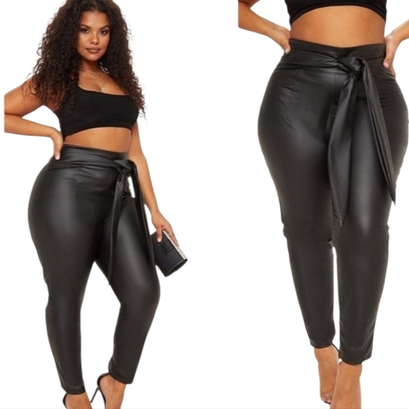 NWT Pretty Little Thing Black Faux Leather Tie Belt Trouser Skinny Leg Pants 3X - Picture 1 of 6
